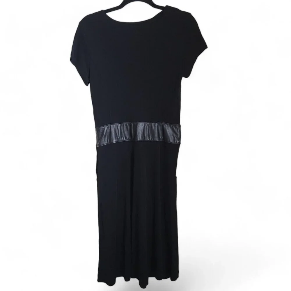 Club Monaco Women's 2 Midi Dress Black Sheep Leather Trim Fit‎ & Flare Side Zip